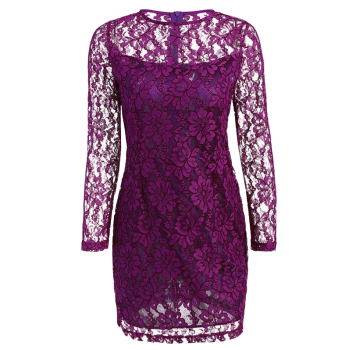 [41% OFF] 2024 Floral Lace Sheer Dress With Sleeves In PURPLE | DressLily