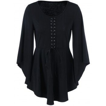 [41% OFF] 2023 Lace-Up Skirted Top With Bell Sleeve In BLACK | DressLily