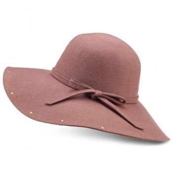 2018 Small Bowknot Strappy Wide Brim Felt Fedora Hat CAMEL 