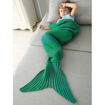 

Winter Thicken Longer Color Block Design Knitted Wrap Kids Mermaid Tail Blanket, Green