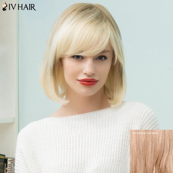 Siv Hair Perruque de Cheveux Humains Courte Lisse Brillante avec Frange Inclinée - Brun Avec Blonde 