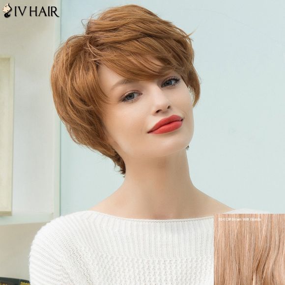 Siv Hair Perruque de Cheveux Humains Courte Lisse avec Frange Inclinée - Brun Avec Blonde 