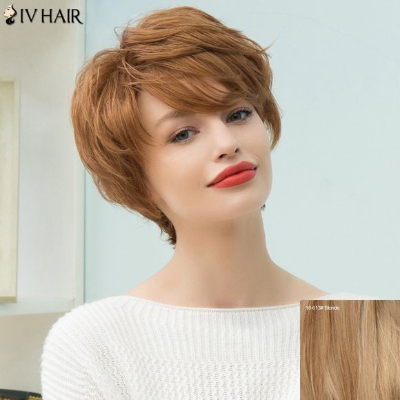 Siv Hair Perruque de Cheveux Humains Courte Lisse avec Frange Inclinée - Blonde 