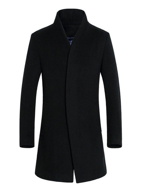 

Slimming Single Breasted Stand Collar Wool Mix Coat, Black