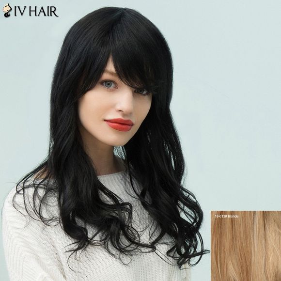 Siv cheveux Layered Fluffy long Oblique Bang Wavy perruque de cheveux humains - Blonde 
