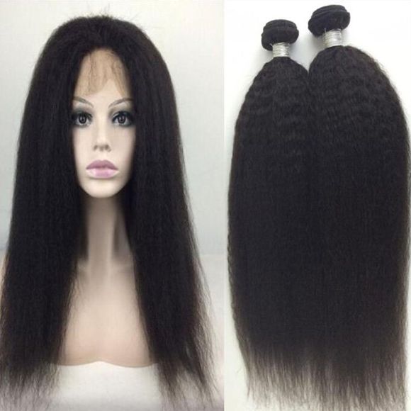 Faddish Indien 5A Remy Kinky Droit Hair Weave 2 Pcs / Lot Avec 360 Lace Frontal Human Hair Weave - Noir 16INCH*18INCH*CLOSURE 14INCH