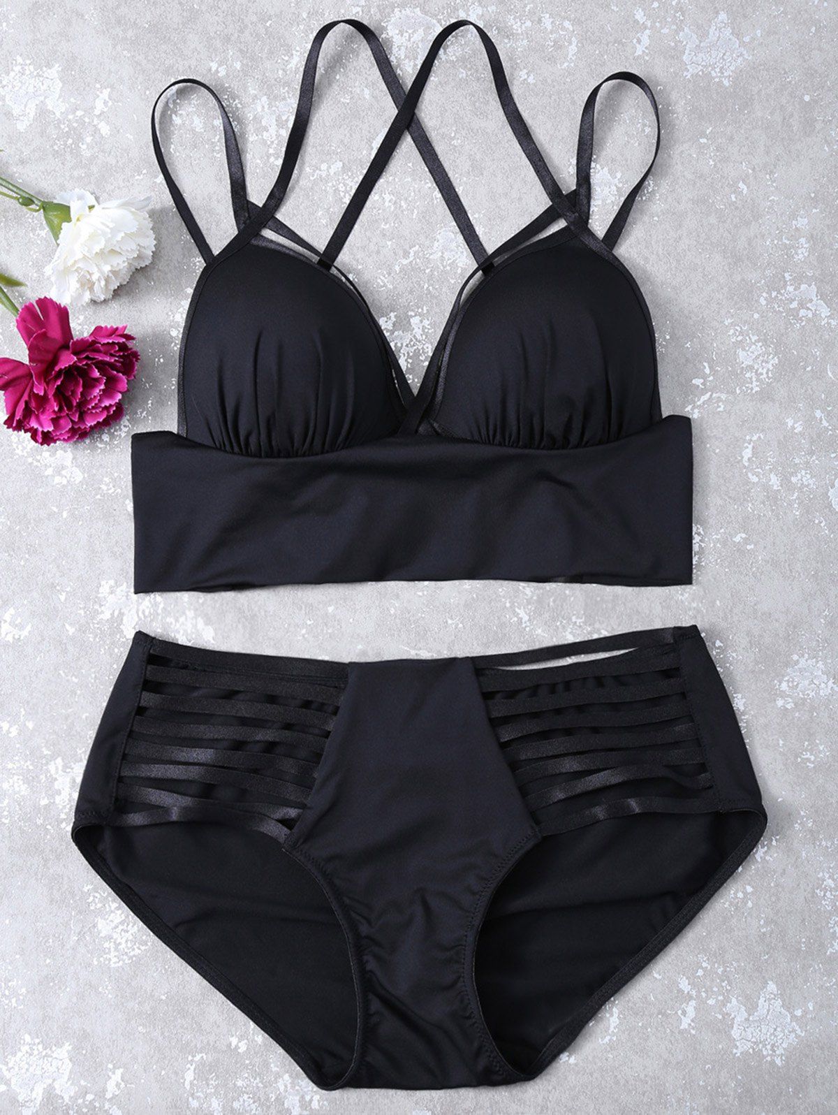 

Cami Strappy Cutout Push Up Bra Set, Black