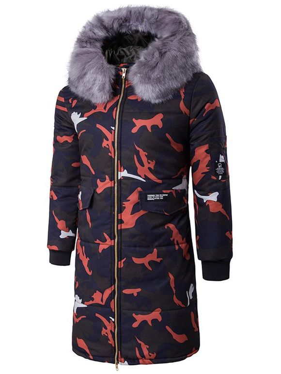 Manteau Zipper Up Camo matelassé avec capuche Furry - Rouge 2XL