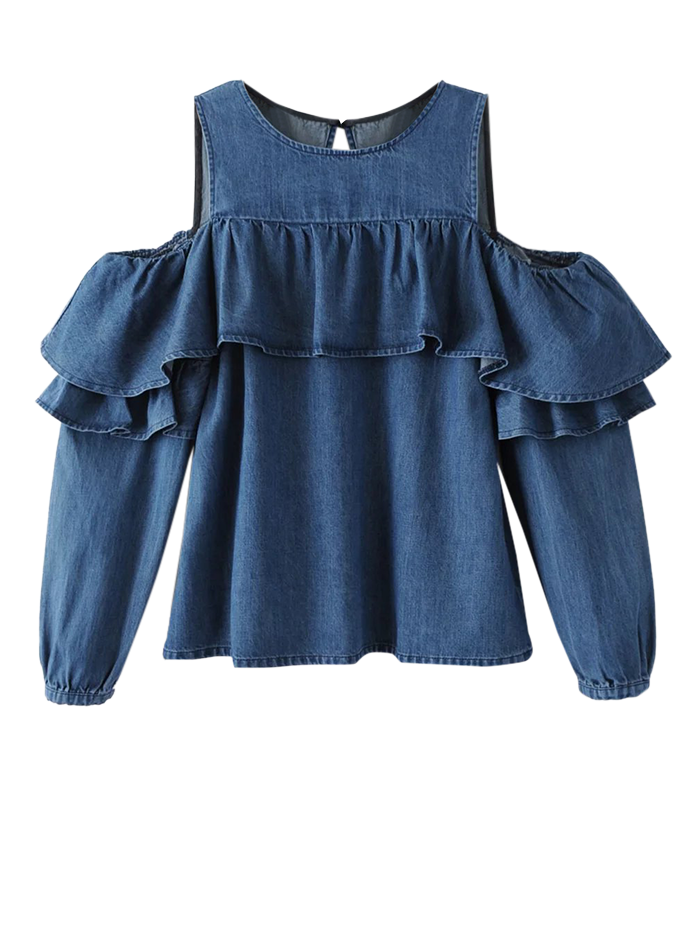 

Cold Shoulder Ruffles Denim Blouse, Blue