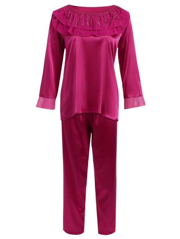 Faux Silk Ruffle Pull Loungewear Suit - Violacé rouge XL