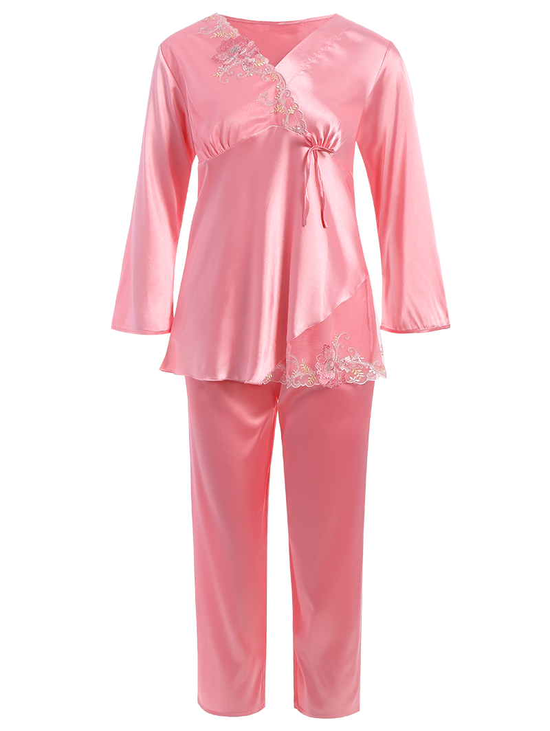 

Faux Silk Lace Panel Pajama Suit, Papaya