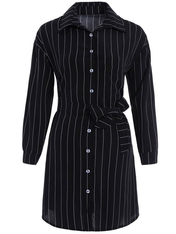 Button Up Stripe Belted Shirt Dress - Noir XL