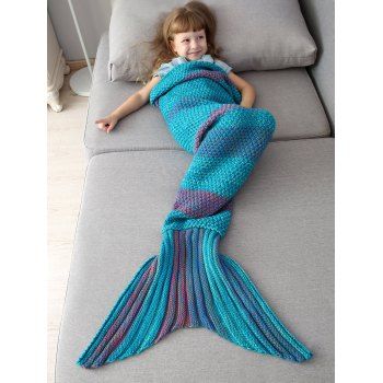 

Winter Thicken Longer Color Block Design Knitted Wrap Kids Mermaid Tail Blanket, Blue/orange