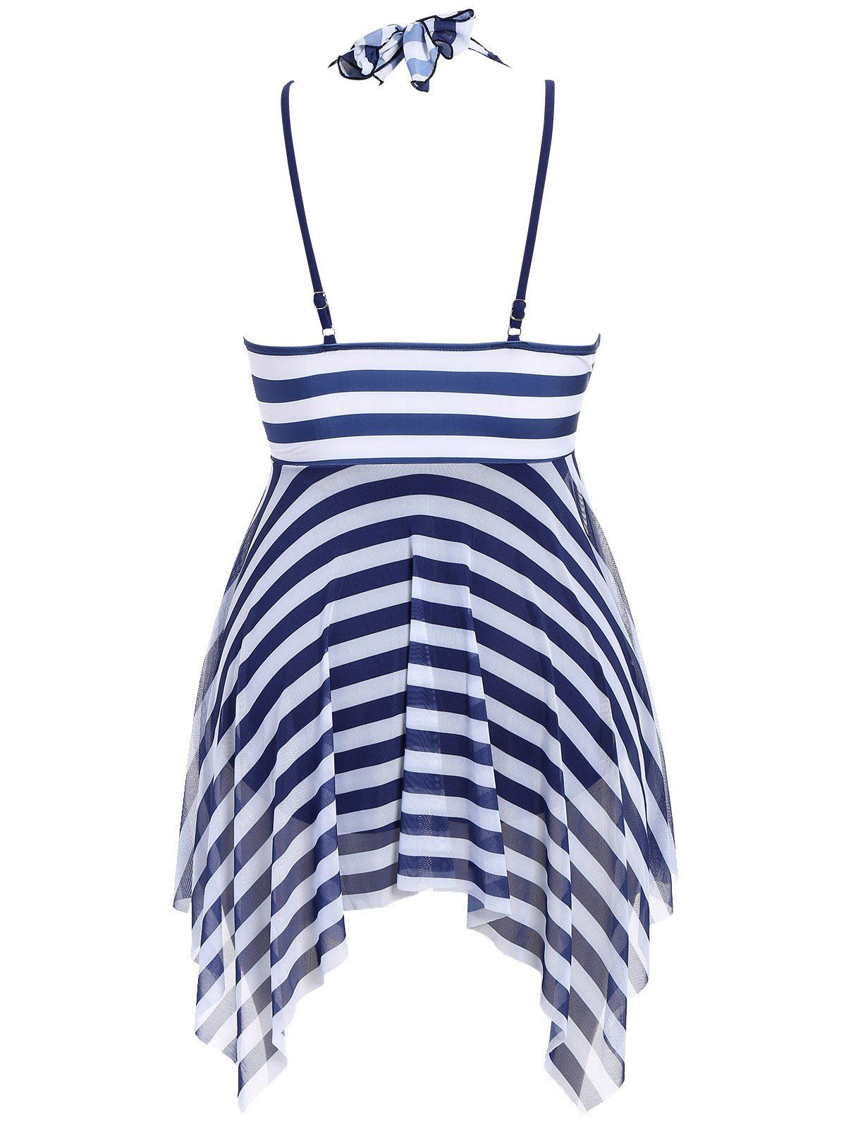 2018 Plus Size Stripe One Piece Skirted Swimsuit Purplish Blue Xl In