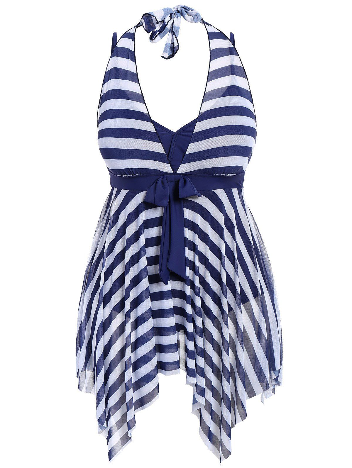 [41% OFF] 2021 Plus Size Stripe Skirted Swimsuit In PURPLISH BLUE ...