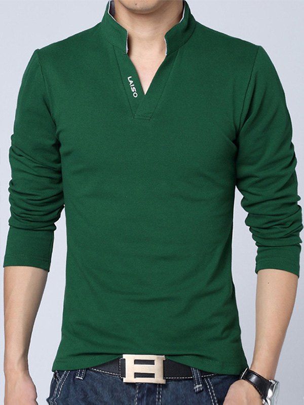 

Stand Collar Long Sleeve Letter Polo Shirt, Green