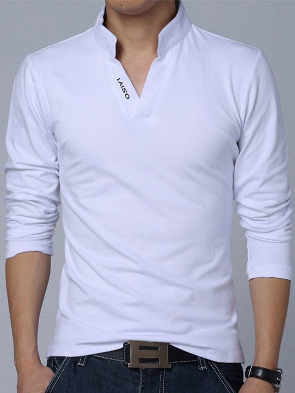 

Stand Collar Long Sleeve Letter Tee, White