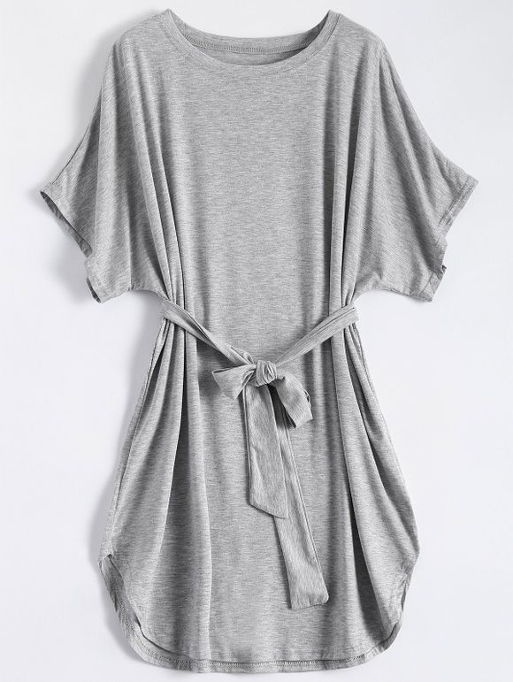 Casual Batwing Sleeve Belted Mini Dress - Gris 2XL
