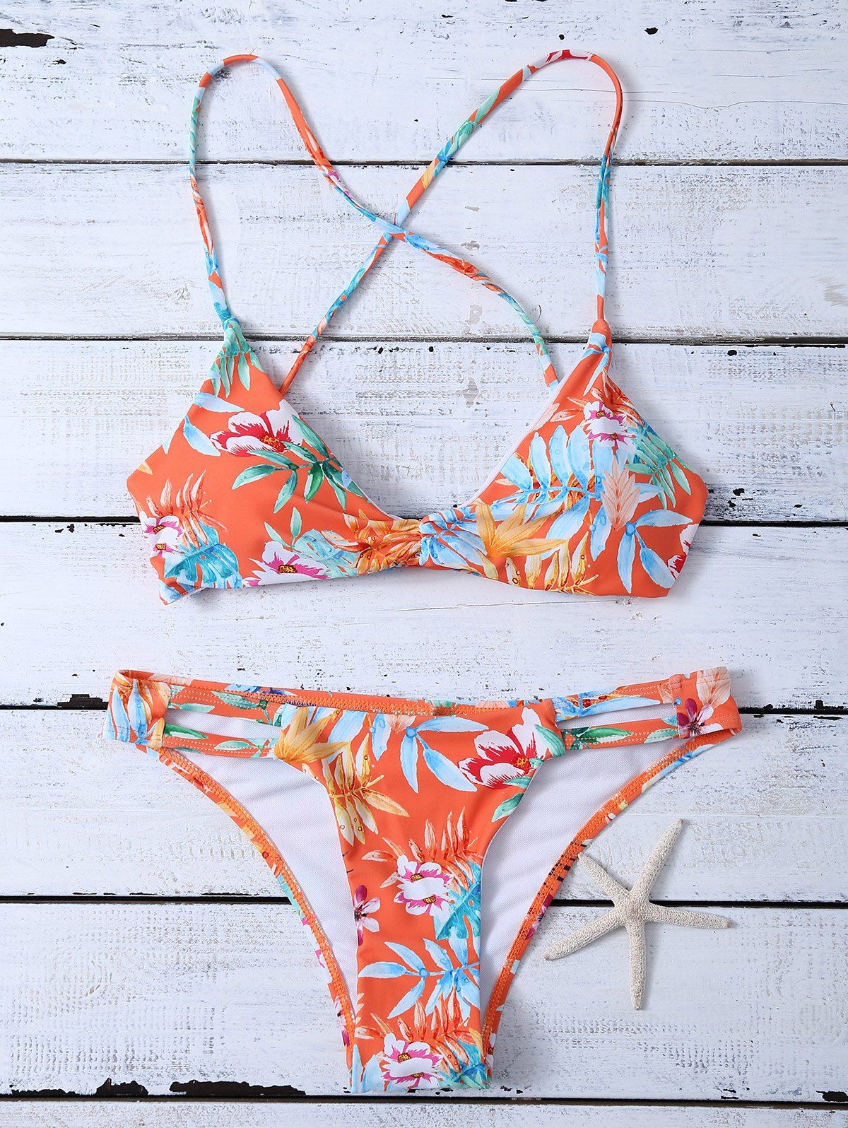 

Floral Print Criss-Cross Moulded Bikini, Orange