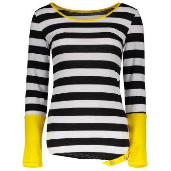 Stylish Scoop Neck Long Sleeve Striped Color Block Women's T-Shirt