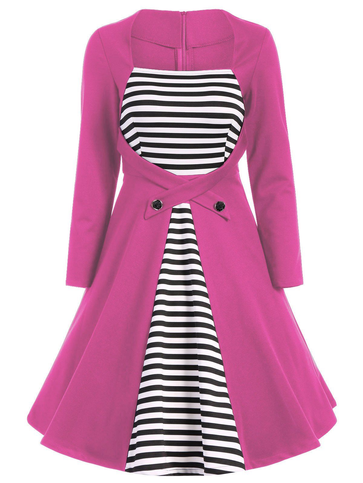 

Plus Size Square Collar Striped Skater Dress with Long Sleeves, Pink