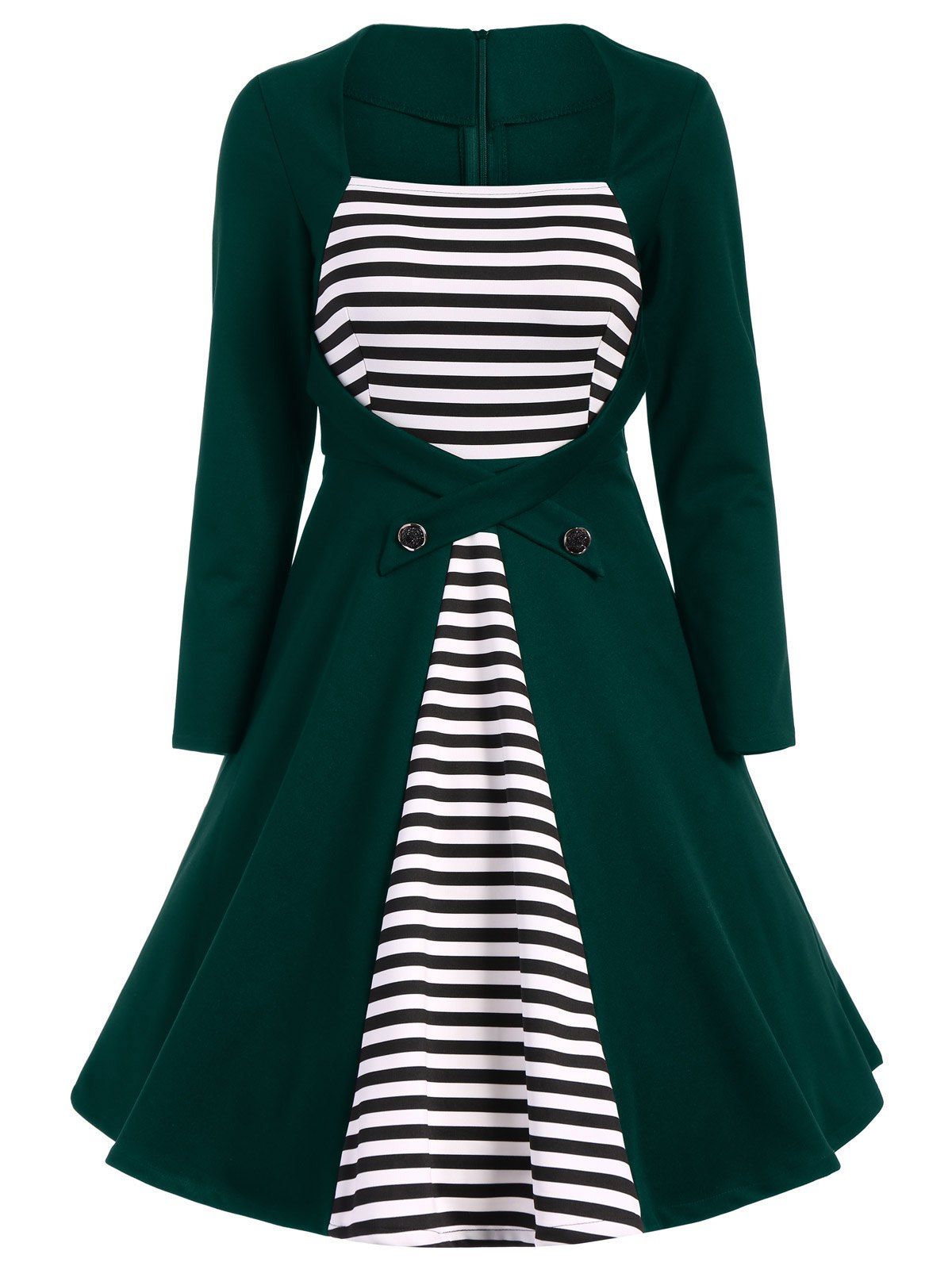

Plus Size Square Collar Striped Skater Dress with Long Sleeves, Blackish green