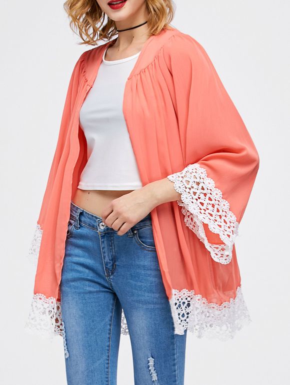 Empiècements en dentelle Crochet Kimono - Pastèque Rouge XL
