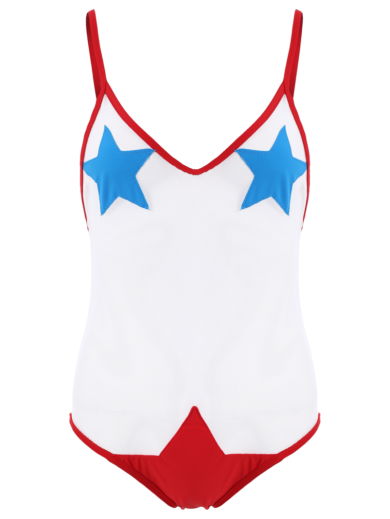 

See-Through Star Patched Mesh Sheer Swimwear, Red