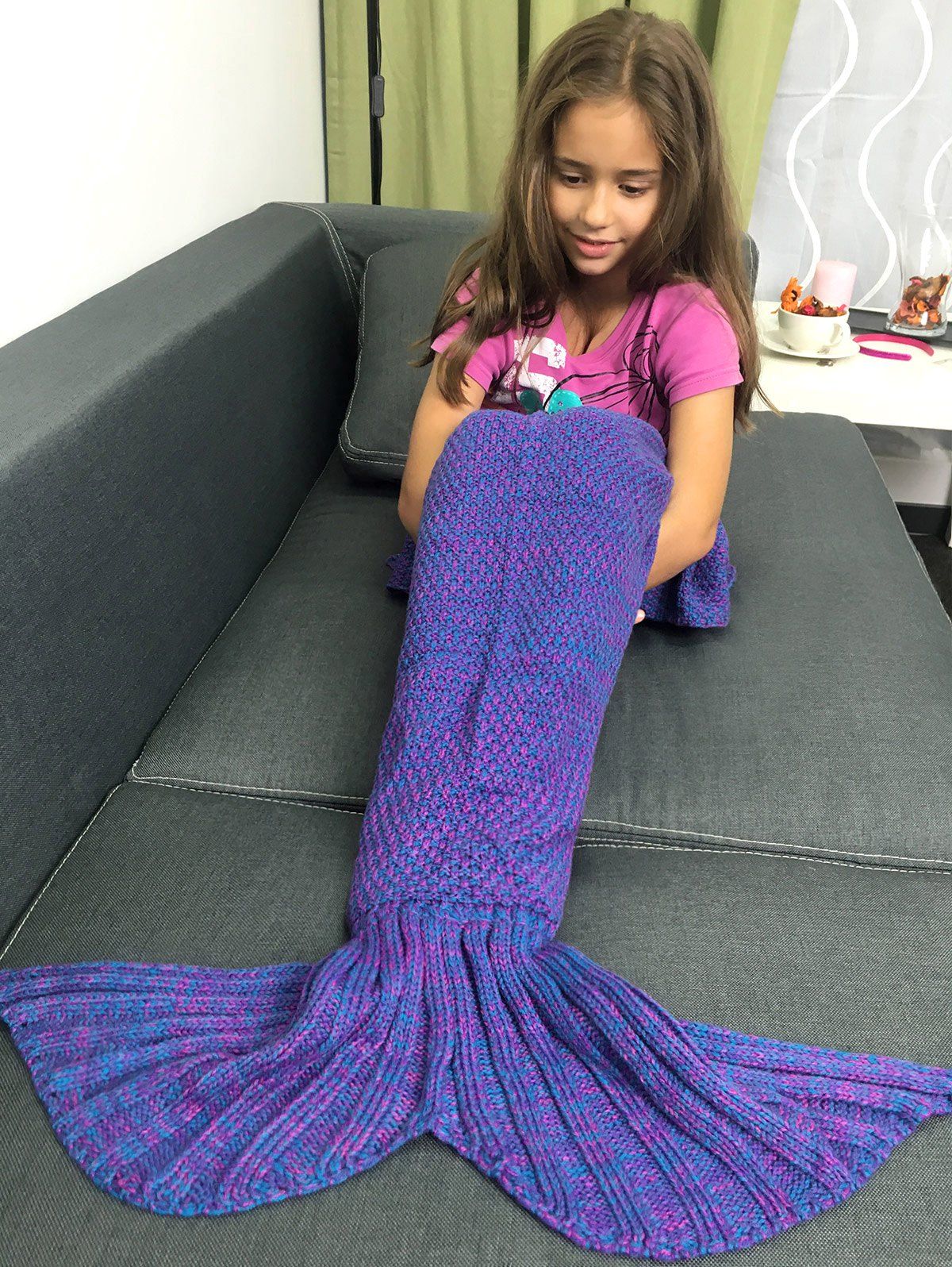 

High Quality Yarn Knitted Sleeping Bags Mermaid Tail Shape Blanket, Bluish violet