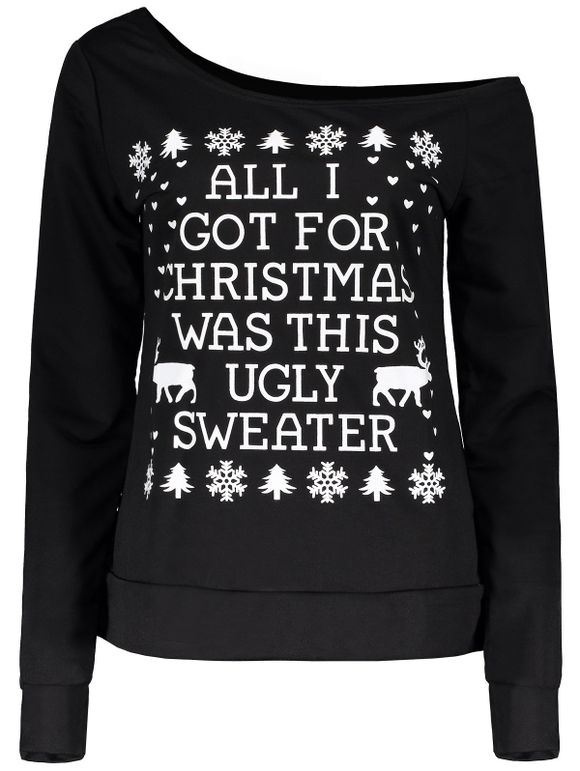 Sweat-shirt à Message de Noël à Une Épaule Nue - Noir XL