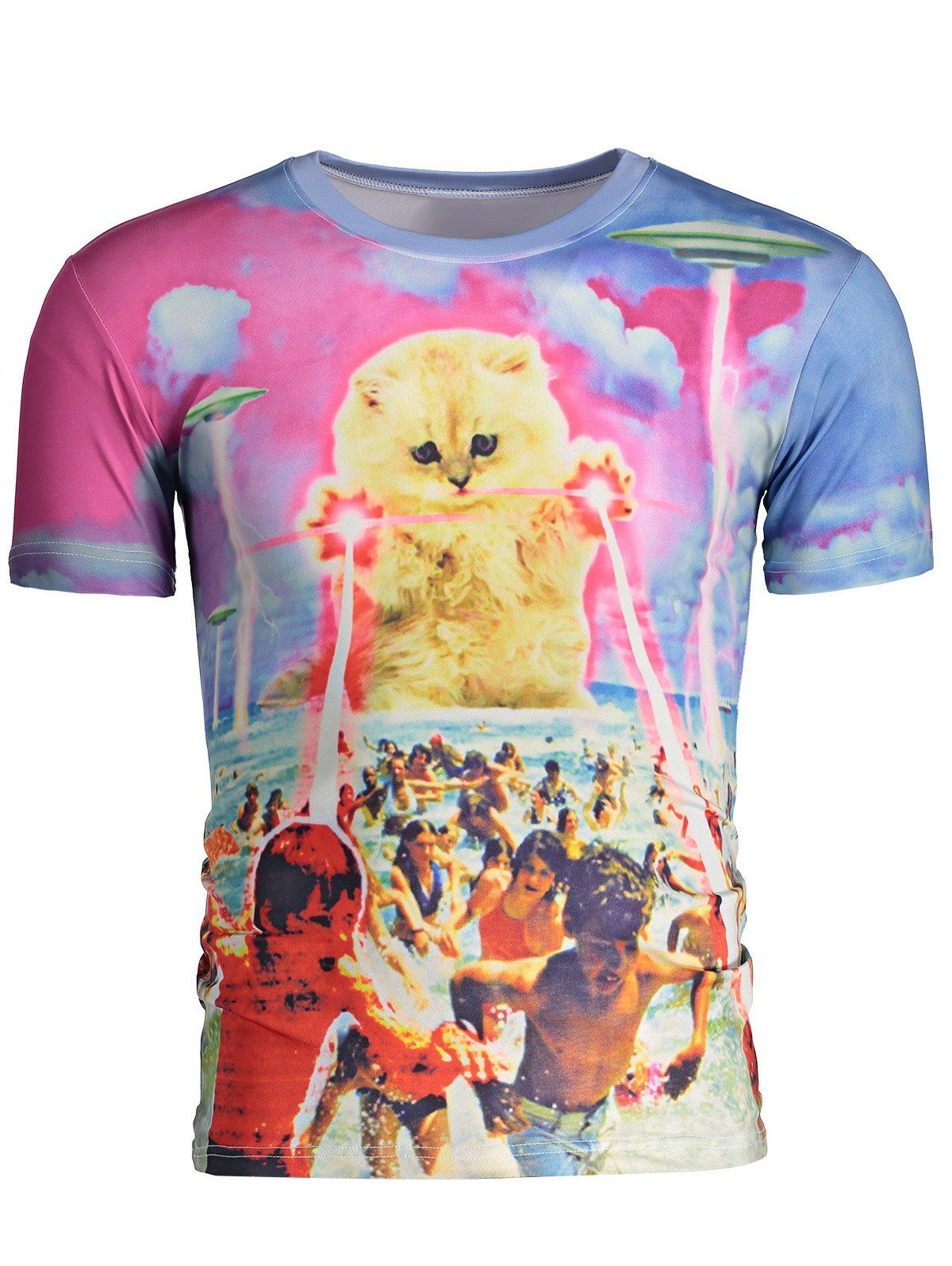 

Casual Round Neck 3D Star Cat and Figure Print Men's Short Sleeves T-Shirt, Colormix