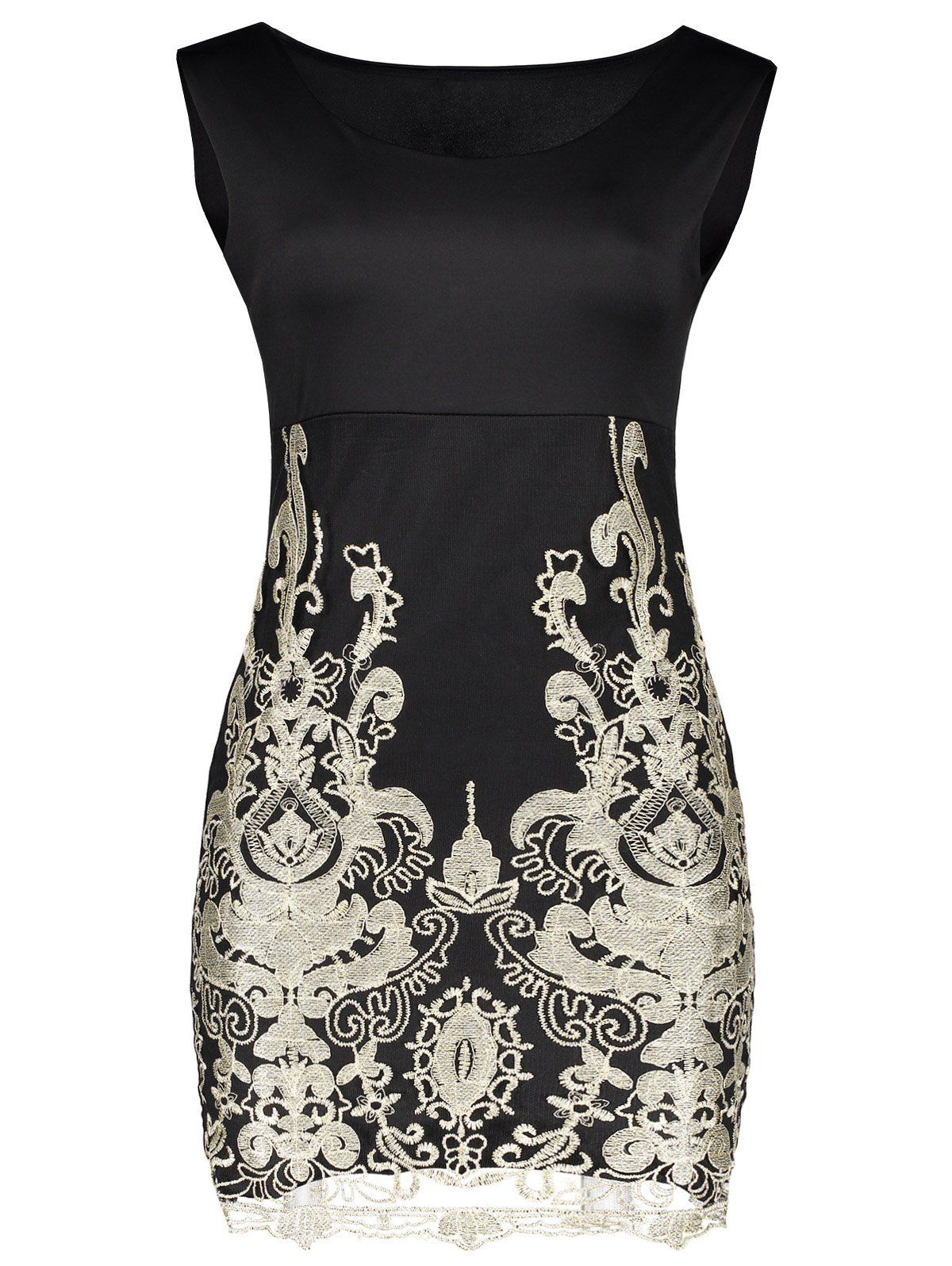 

Sexy Scoop Neck Floral Embroidery Bodycon Sundress For Women, Black