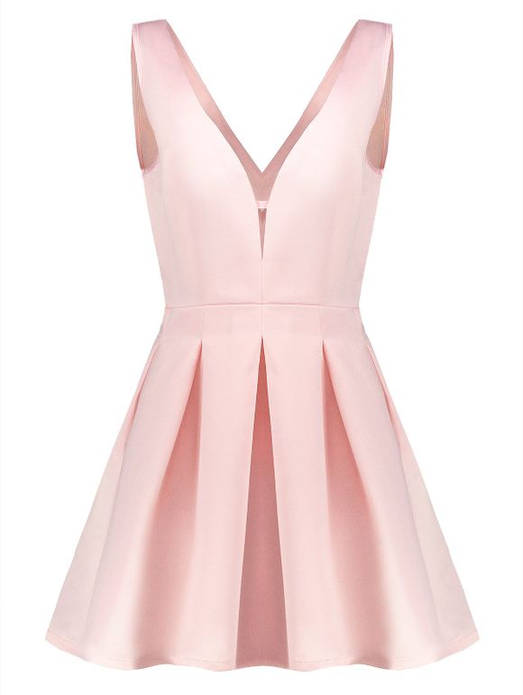 Plongeant cou élégant manches Solid Color robe de A-ligne Femmes - Rose M