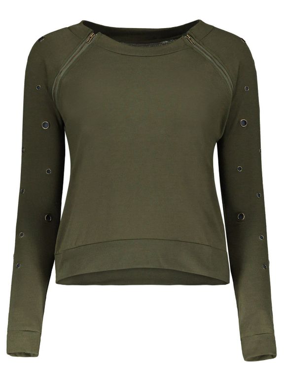 T-shirt à Encolure Dégagée avec Bague et Zip Décoratifs Pour Femme - Vert Armée XL