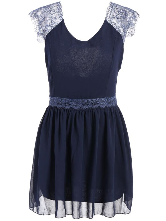 Lace Splicing Sleeveless Solid Color Backless Trendy Style Women's Dress - BLUE M