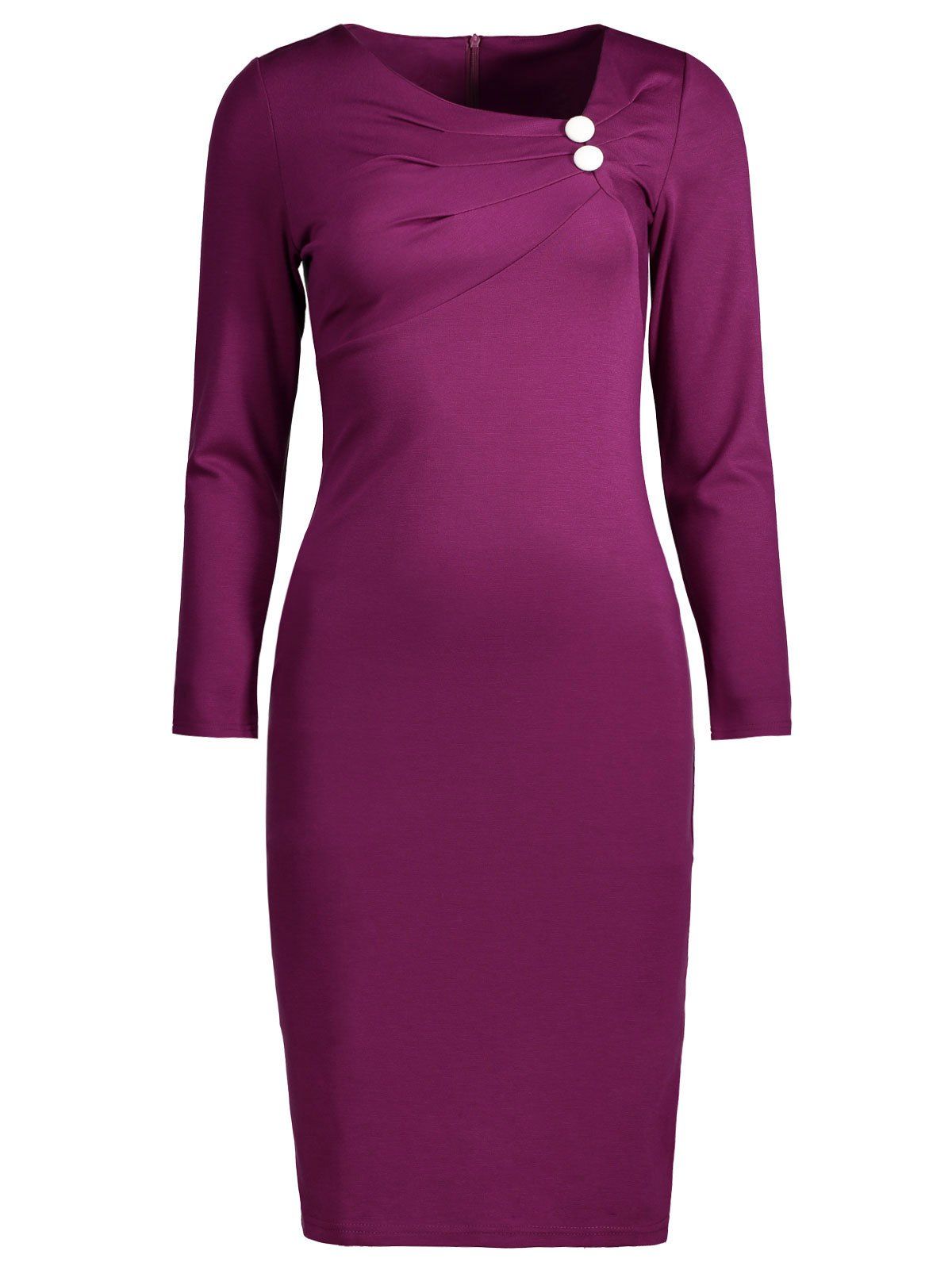 

Long Sleeve Buttoned Back Slit Pleated Pencil Dress, Merlot
