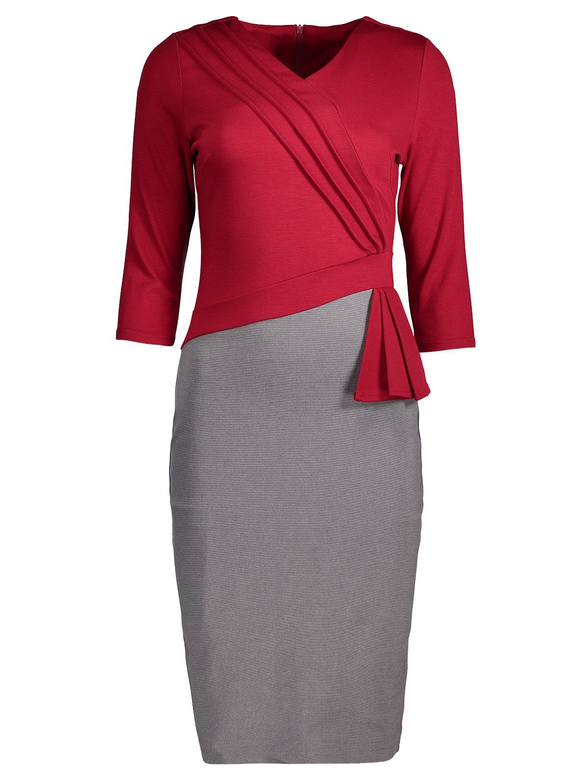

Two Tone Pleated Back Slit Pencil Dress, Gray and red