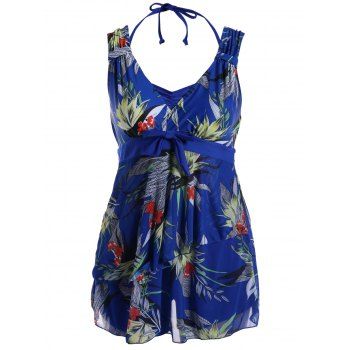 [17% OFF] 2024 Plus Size Wire Free Printed Layered Swimwear In BLUE ...
