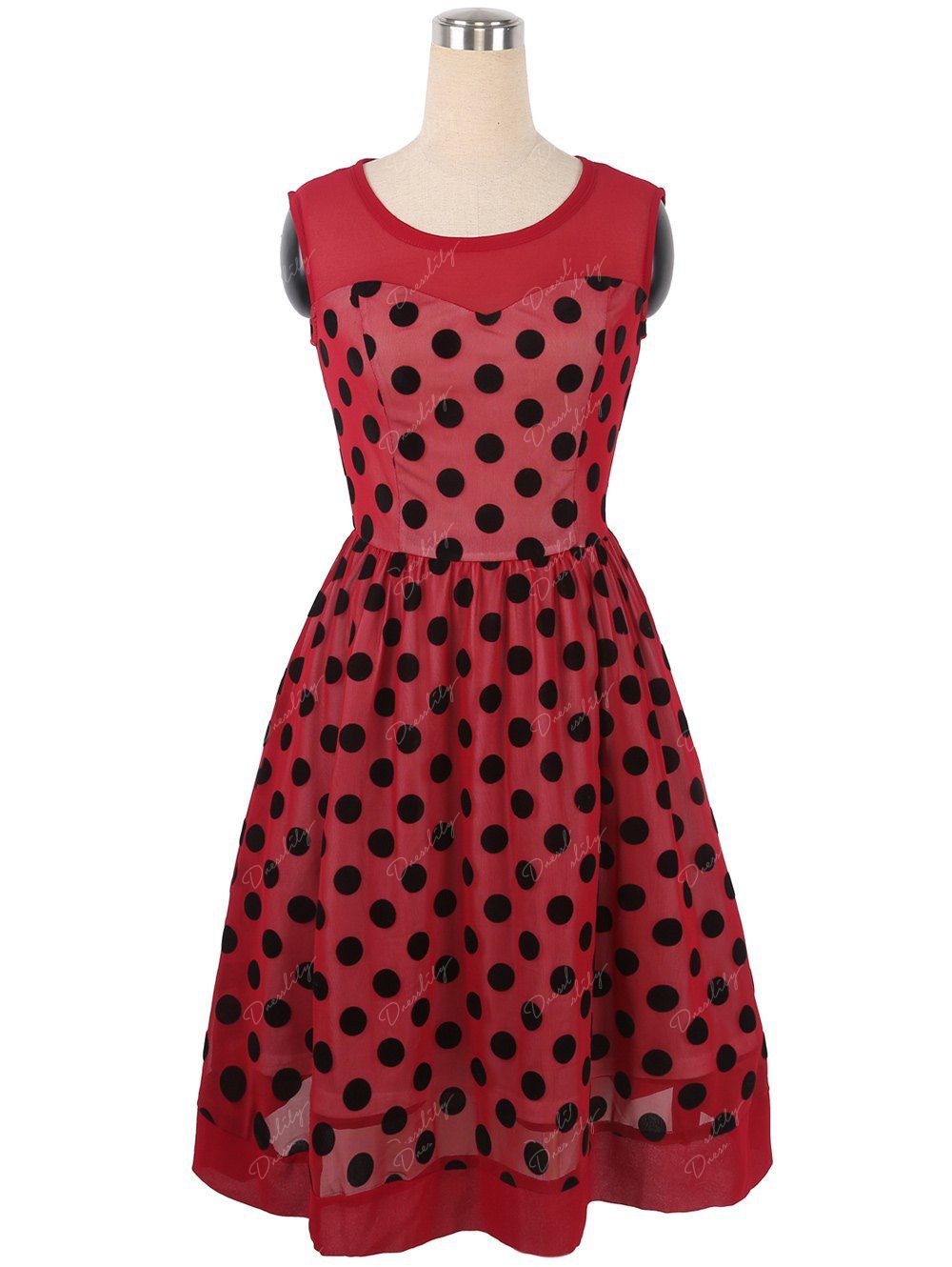 2018 Summer Retro Polka Dot Mesh Yarn Insert Dress RED XL In Vintage Dresses Online Store. Best