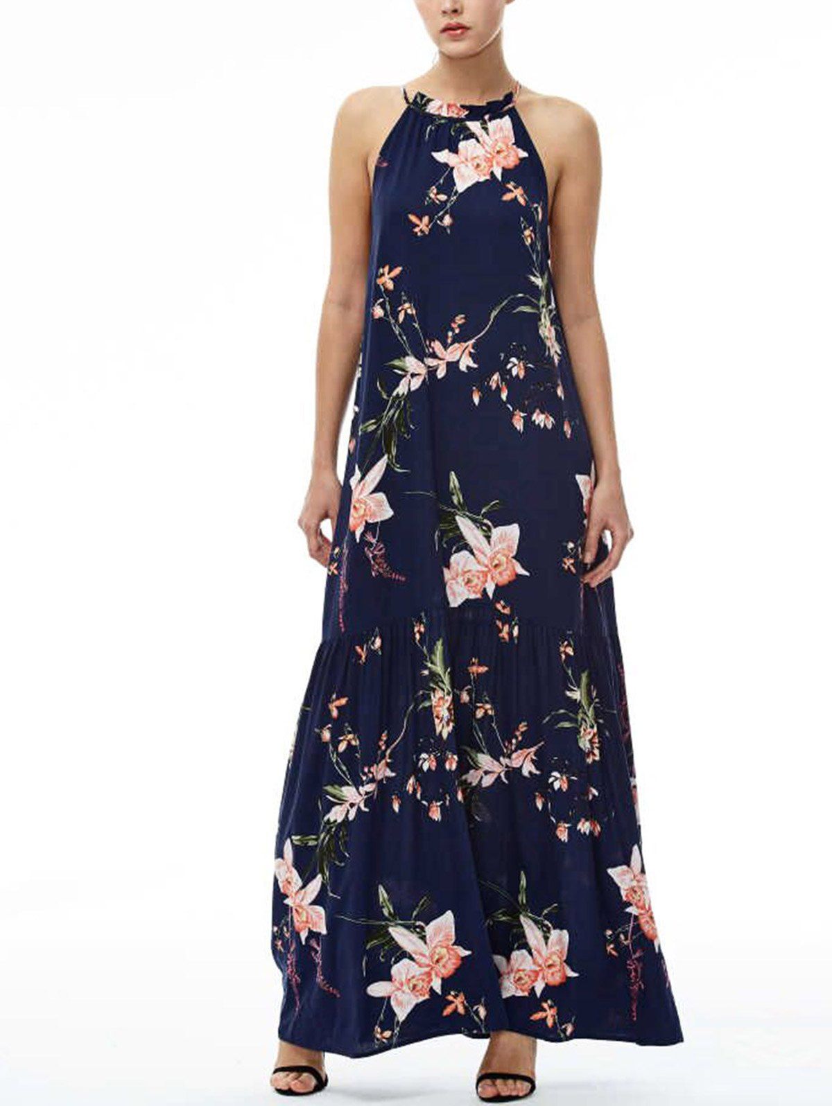 Floral Maxi Halter Beach Dress, NAVY BLUE, L in Maxi Dresses ...