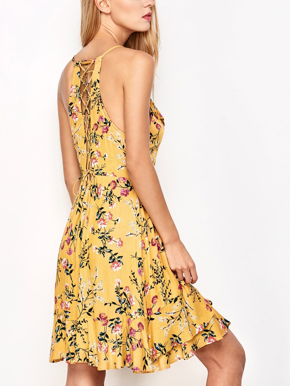 [41% OFF] 2021 Ruffled Cami Floral Skater Dress In YELLOW | DressLily
