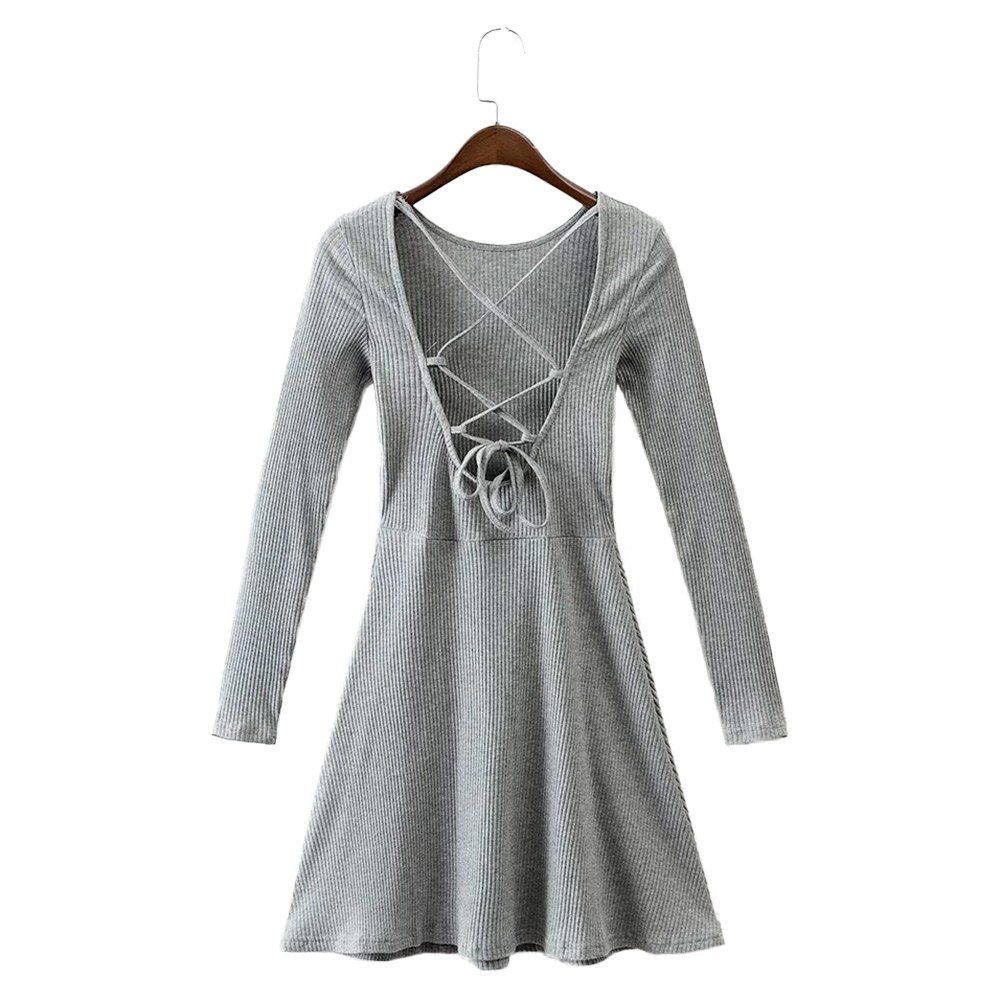 

Lace Up Back Fit and Flare Dress, Gray