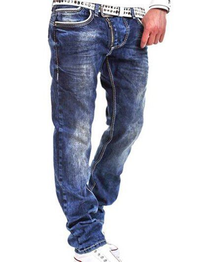 Oblique Zipper Fly Straight Leg Bleach Wash Jeans - Bleu 36