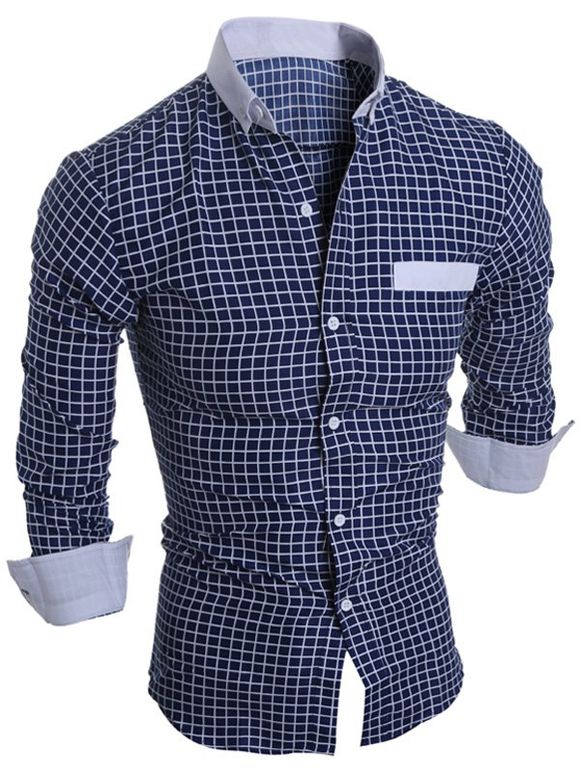 Chemise à Carreaux avec Manches Longues et Boutons - Cadetblue XL