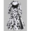 Robe Vintage imprimée bouffante à Manches 3/4 embellie nud papillon - Blanc et Noir S