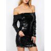 Off Shoulder Sequin Long Sleeve Glitter Sparkly Tight Dress - BLACK M