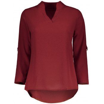 [17% OFF] 2024 Long Sleeve Asymmetric Hem Chiffon Blouse In BURGUNDY ...