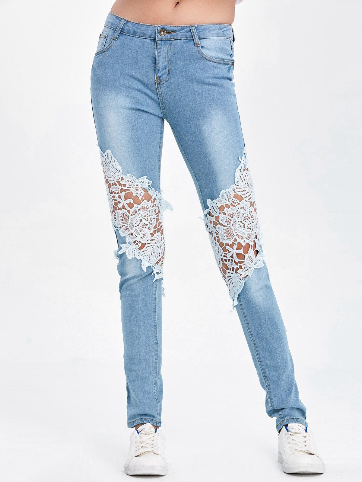 2018 Lace Insert Ripped Skinny Jeans DENIM BLUE M In Jeans & Shorts ...