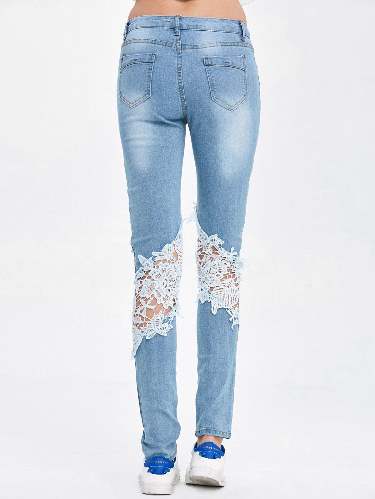 2018 Lace Insert Ripped Skinny Jeans DENIM BLUE M In Jeans & Shorts ...