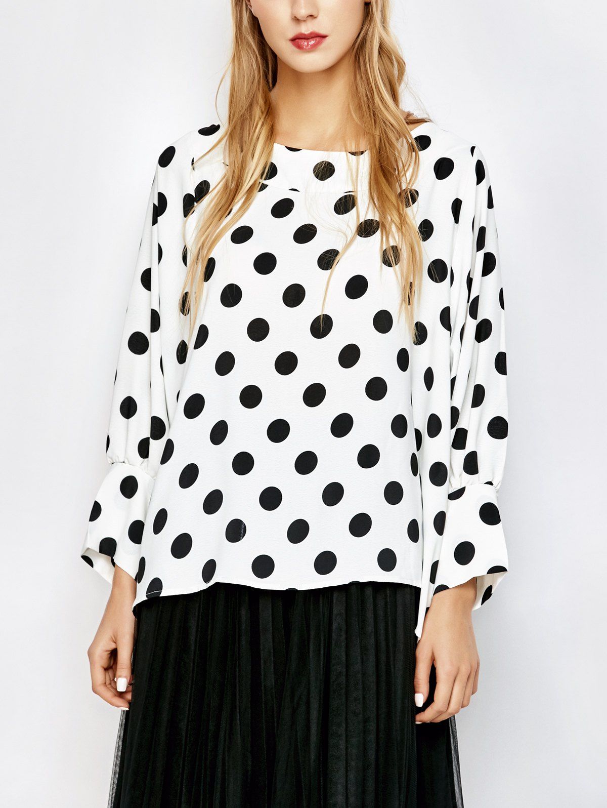 

Polka Dot Boat Neck Blouse, White and black